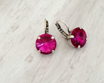 Hot Fuchsia Pink 12mm Rivoli Earrings // Bridesmaids Gifts // Gifts for Her