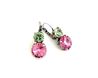 Spring Bliss Crystal Two Drop Earrings ~ 12mm Pink Rose and 8mm Peridot Green ~ Antique Silver