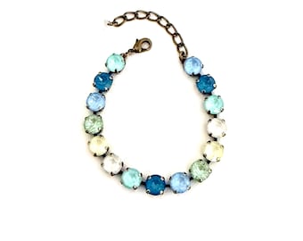 Coastal Bloom 8mm Crystal Bracelet ~ Antique Brass ~ Embellished with Swarovski® Crystals ~ Ignite Blues, Yellow, Greens