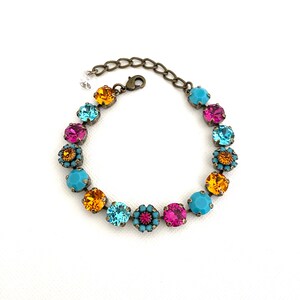 Turquoise ~ Fuchsia and Burnt Orange 8mm Flower Bracelet ~ Antique Brass ~ Hot Pink ~ Crystal Daisies ~ Gifts for Her