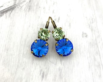 Royal Peridot Double Drop Earrings ~ Antique Brass ~ 12mm & 8mm ~ Gifts for Her ~ Blue and Green Crystal Earrings