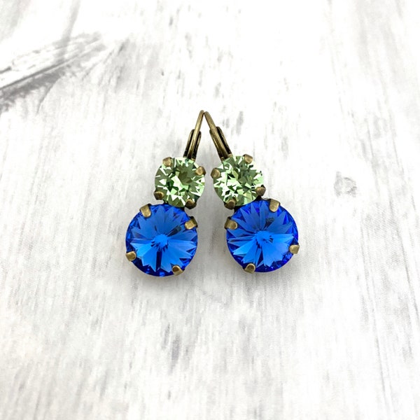 Royal Peridot Double Drop Earrings ~ Antique Brass ~ 12mm & 8mm ~ Gifts for Her ~ Blue and Green Crystal Earrings