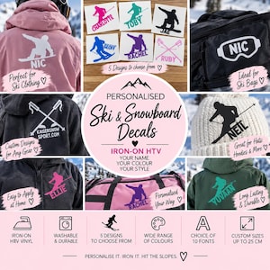 May include: Personalized iron-on HTV decals for ski and snowboard gear, featuring silhouettes of skiers and snowboarders with custom names. The designs include various colors and fonts, shown applied to jackets, bags, and hats, with custom sizes up to 25 cm.