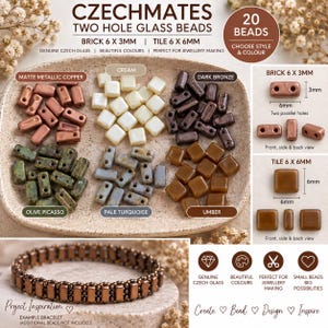 May include: Czechmates two-hole glass beads in brick 6x3mm and tile 6x6mm shapes. Colors include matte metallic copper, cream, dark bronze, olive picasso, pale turquoise, and umber. Includes a bracelet example and technical dimension diagrams.