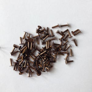 Peut inclure: Un tas de petits rivets en métal de couleur dorée. Les rivets ont une tête ronde et une tige courte et droite.
