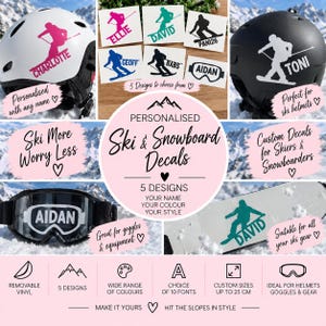 Puede incluir: Adhesivos de vinilo personalizados para equipos de esquí y snowboard, con cinco siluetas distintas de esquiadores y snowboarders. Las pegatinas incluyen nombres personalizables y se muestran aplicadas en cascos y gafas.