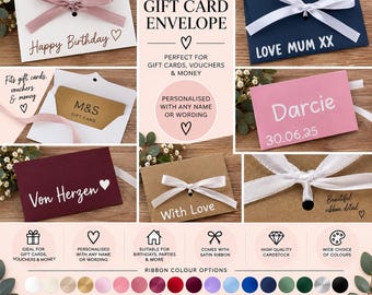 May include: A collection of small rectangular gift card envelopes in various colors including white, navy blue, pink, burgundy, and kraft brown. Each envelope features a satin ribbon tie, personalized text, and a heart icon. The envelopes are designed to hold gift cards, vouchers, or money, and are displayed with a variety of ribbon color options shown at the bottom.