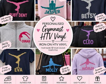 May include: A collection of personalized iron-on HTV vinyl decals featuring gymnast silhouettes and names applied to various items including black, gray, navy, and lavender hoodies, t-shirts, a pink tote bag, and a black gym bag with text.