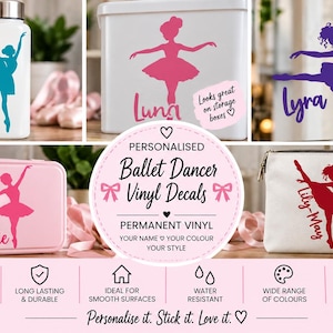 Può includere: Una collezione di adesivi in vinile personalizzati raffiguranti ballerine, con sagome di danzatori e nomi come Grace, Luna, Lyra, Ellie e Lily-May applicati su una borraccia, una scatola e una pochette.