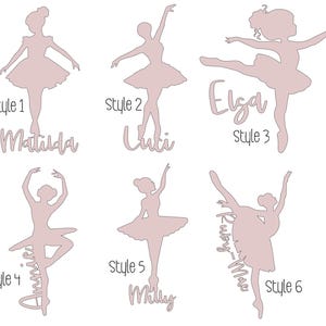 May include: Six pink ballerina silhouettes in different poses, each with a name and style number. Names include Matilda, Luti, Elsa, Ammi, Milly, and Ruby-Mac. The silhouettes are set against a white backdrop.