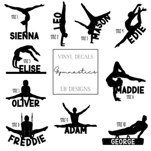 May include: A collection of ten black vinyl decals featuring gymnastics silhouettes and names including Sienna, Leo, Mason, Edie, Elise, Oliver, Maddie, Freddie, Adam, and George. The centre text reads VINYL DECALS Gymnastics LB DESIGNS.