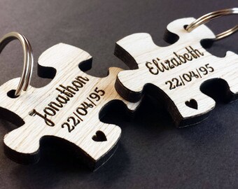 Personalised Jigsaw Wood Keyrings - Engraved Heart, Wedding Present, 5th Anniversary Gift, Valentines Day, Personalized Puzzle Piece, Pouch