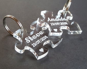 Personalised Jigsaw Acrylic Keyrings - Engraved Heart, Wedding Present, Anniversary Gift, Valentine's Day, Personalized Puzzle Piece, Pouch