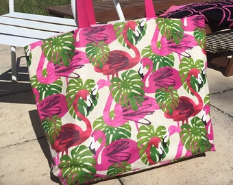 Grand sac de plage flamands roses et feuillage