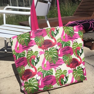 Large flamingo beach bag pink and foliage