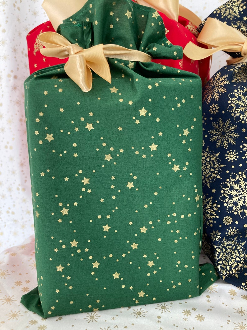 Emballage Pochette Cadeau fête de Noël réutilisable et écologique Etoiles/vert