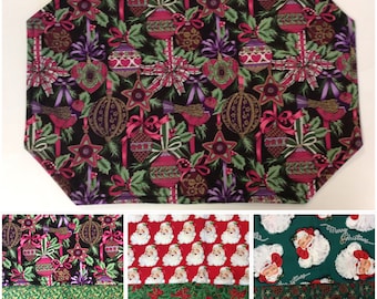 Christmas Reversible Placemats/ set of 4 or 6/Poinsettias Or Ornaments Or Santas