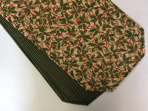 Christmas Tablerunner/ Reversible/42”/57"/72" Long by 12-3/4” Wide/Holly/Green Stripe With Gold