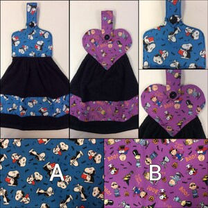 Peut inclure: Deux torchons de cuisine sur le th&egrave;me d'Halloween avec un motif en tissu bleu et violet repr&eacute;sentant des personnages de Peanuts. Les torchons ont une boucle de suspension et une poche en forme de c&oelig;ur. Le tissu bleu a un motif de personnages de Peanuts habill&eacute;s en costumes d'Halloween avec des chauves-souris et le texte "BOO!" Le tissu violet a un motif de personnages de Peanuts habill&eacute;s en costumes d'Halloween avec des citrouilles, des chauves-souris et le texte "Trick or Treat" et "BOO!"