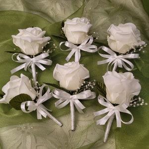 SET OF 6 ivory rose buttonholes with pearl trim wedding corsage groom