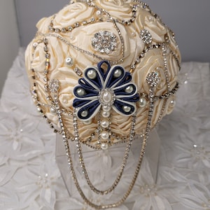 Ivory and Navy Brooch Bouquet Wedding Bride Flowers