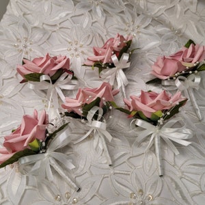 SET OF 6 pink rose buttonholes with pearl trim wedding corsage groom