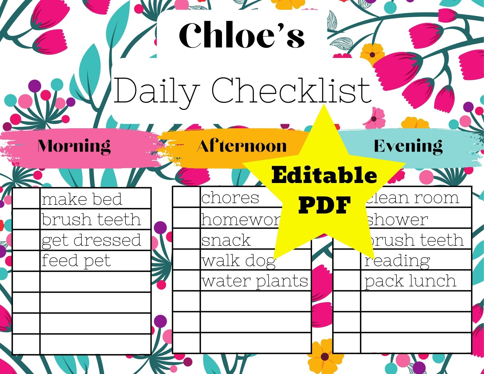 Editable PDF Daily Checklist - Flowers - Etsy
