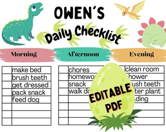 Könnte beinhalten: Ein farbenfroher Tagesplan für Kinder mit Dinosaurier-Illustrationen. Der Plan ist in Morgen, Nachmittag und Abend unterteilt und als editierbares PDF verfügbar. Er enthält Aufgaben wie Bett machen und Zähne putzen.