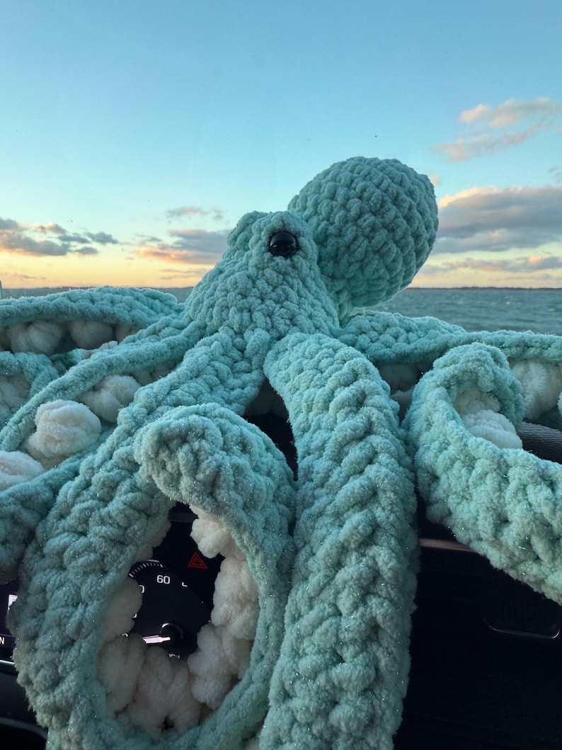 May include: A large, handmade, light blue crocheted octopus with a textured, plush appearance. The octopus has a round head, black eyes, and multiple tentacles. The underside of the tentacles is white. The background shows a car dashboard and a scenic view of the ocean and sky.