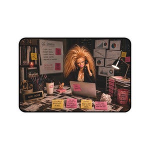 May include: A doll with voluminous blonde hair sits at a desk with a laptop, a telephone, and various sticky notes. The desk features a whiteboard with Q2 Strategy text, a cup with pens, a plant, and a lamp. Sticky notes display text including Call Back, Not Bossy, I Just Have Better Ideas, and Meetings Were Too Easy.