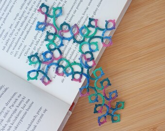 Tatted bookmark - cross in blue, green, pink shades, Religious Bookmark, Bible bookmark