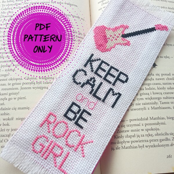 PDF Pattern - Cross stitch bookmark - Keep Calm and Be Rock Girl (download pdf)