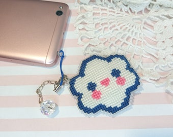 Cross stitch phone charm - kawaii cloud, gift for teens, cute keychain, kawaii charm, cute phone dangle, Dust Plug, Earphone Plug