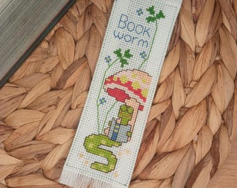 Cross stitch bookmark - Book Worm, embroidered bookmark, gift for readers, book lover