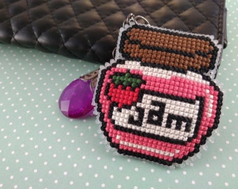 Cross stitch phone charm - jar of jam, gift for teens, cute keychain, kawaii charm, cute phone dangle, Dust Plug, Earphone Plug