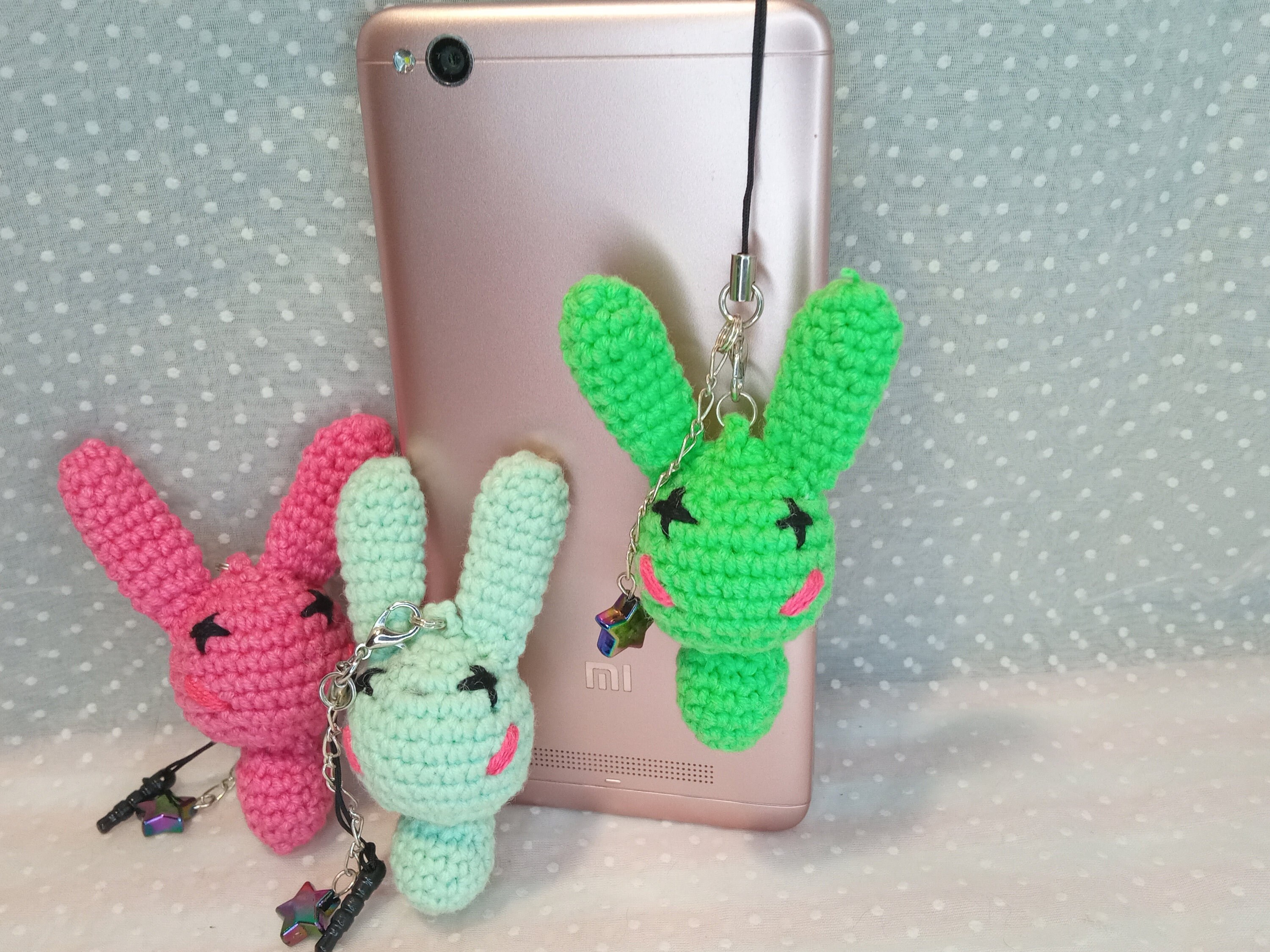 Amigurumi phone charm - little bunny, gift for teens, cute keychain, kawaii charm, Dust Plug, Earphone Plug, valentines day gift