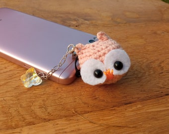 Amigurumi phone charm - Little owl, gift for teens, cute keychain, kawaii charm, Dust Plug, Earphone Plug, valentines day gift