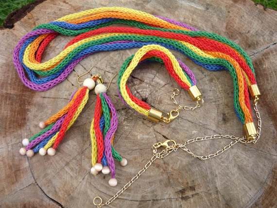 Set the Rainbow Crochet Jewelry, Tricotin Jewelry, Crochet Jewelry, Knitted  Jewelry 