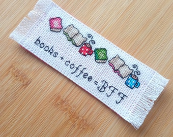 Cross stitch bookmark - Books + coffee = BFF, embroidered bookmark, gift for readers, book lover