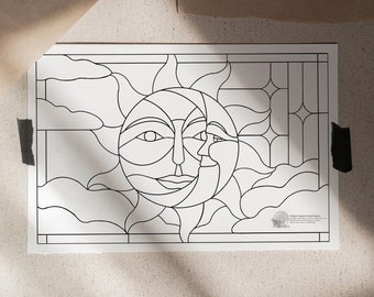 Eclipse Stained Glass Large Panel Pattern. Intermediate Stained Glass Pattern. Sun, Moon, Stars and Clouds. Large PDF FILE. Digital Download