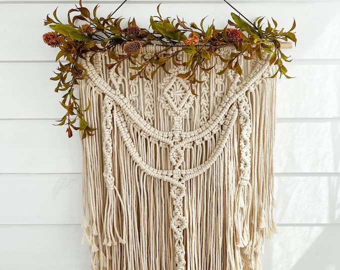 Large Handcrafted Macrame Boho Wall Hanging with Floral Accents
