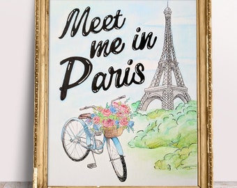 Meet me in Paris, Giclee Print water color Print. Bicycle with Flowers. Eiffel Tower. Hand painted.