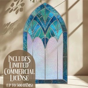 May include: A stained glass window with a gothic arch design. The window features shades of blue, teal, and purple glass, with a textured appearance. The text "INCLUDES LIMITED COMMERCIAL LICENSE (UP TO 500 ITEMS)" is visible.