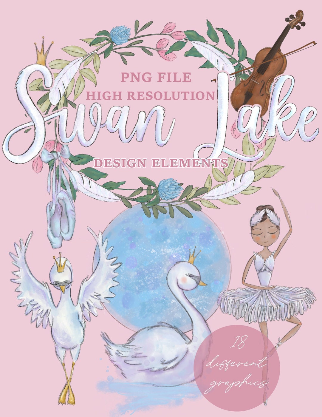Swan Lake Ballet Clip Art: Ballerinas, Swans, and Florals (PNG Files ...