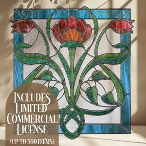 Può includere: Pannello in vetro colorato con un design floreale nei toni del rosso, arancione e verde. Ha un bordo blu e il testo "INCLUDES LIMITED COMMERCIAL LICENSE (UP TO 500 ITEMS)".