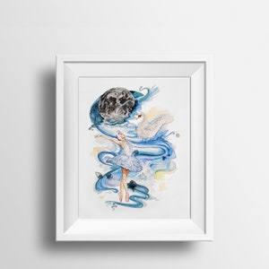 Impression aquarelle du ballet du Lac des Cygnes. Ballerine, Cygne, Pleine Lune, Odette, Aquarelle peinte à la main. Série de ballets.