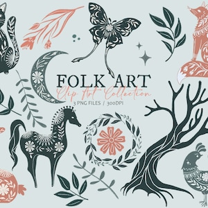 Folk Art Clip Art Collection, Folk Art Design Elements, Folklore Illustrations, Hand Drawn Clip Art, PSD files, Transparent Background