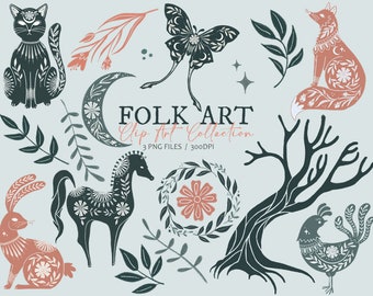 May include: A set of 10 folk art style illustrations in black, white, and pink. The illustrations include a cat, a butterfly, a fox, a horse, a rabbit, a tree, a wreath, a chicken, and two floral designs.