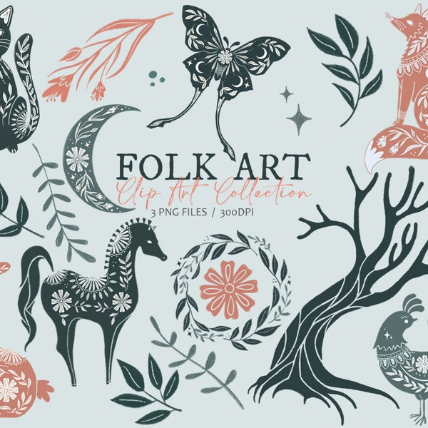 Folk Art Clip Art Collection, Folk Art Design Elements, Folklore Illustrations, Hand Drawn Clip Art, PSD files, Transparent Background