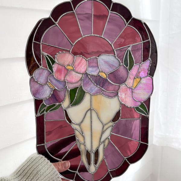 Floral Cow Skull Stained Glass Art: Western Decor Suncatcher